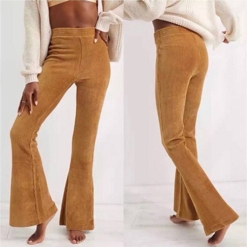 Aerie High Rise Ribbed Corduroy Flare Groove Pants Brown Yellow Large NWOT